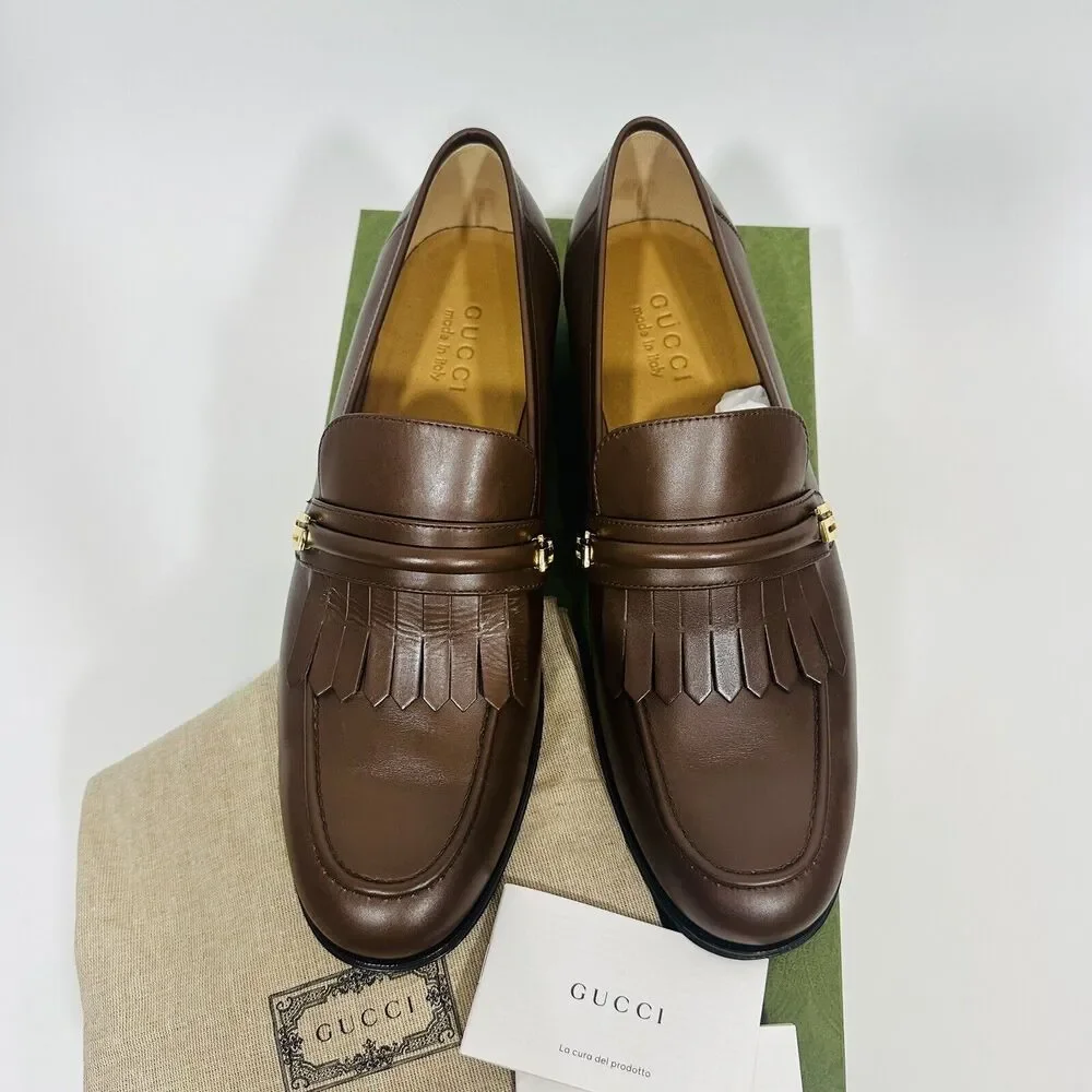 Gucci Men's Mirrored G 8.5/ US 9 Fringed Loafer Brown Italian Leather Shoe NIB